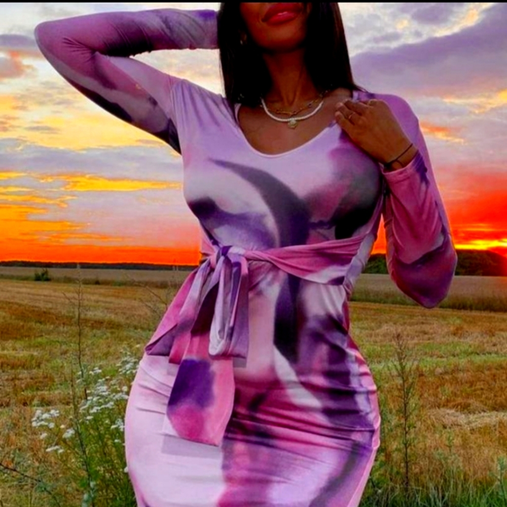 Casual Front Tie Printed Midi Dress